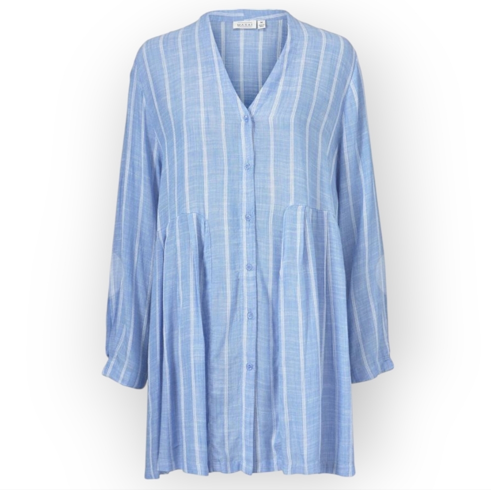 MASAI Blue Tunic White Striped Dress Relaxing Fit Flowy Lightweight Shirt Dress
